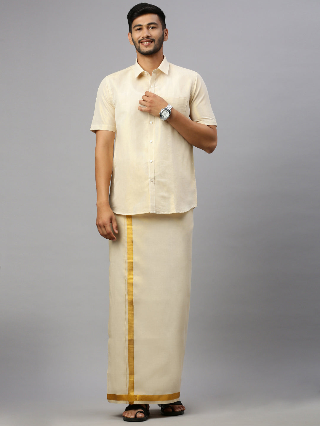 Mens Tissue Gold Dhoti & Shirt Set