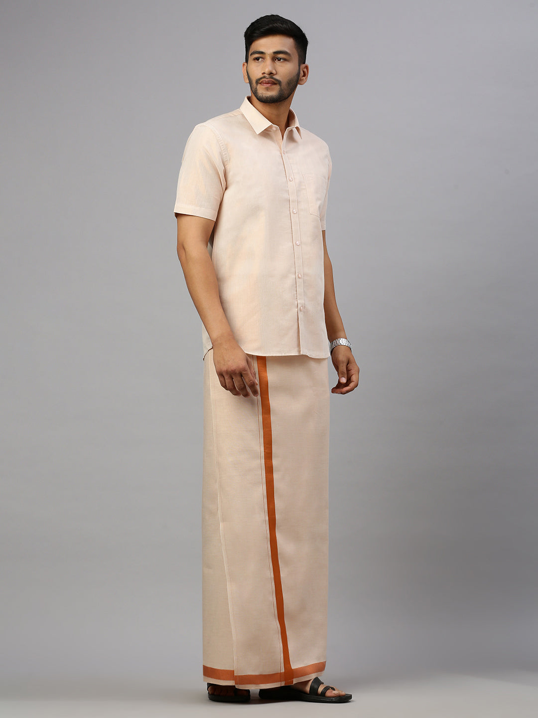 Mens Copper Tissue Half Sleeve Shirt with Matching Readymade Single Dhoti Combo