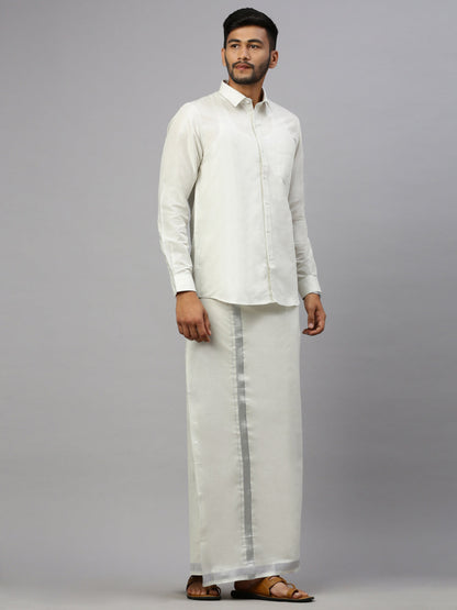 Mens Tissue Silver Dhoti & Full Sleeves Shirt Set