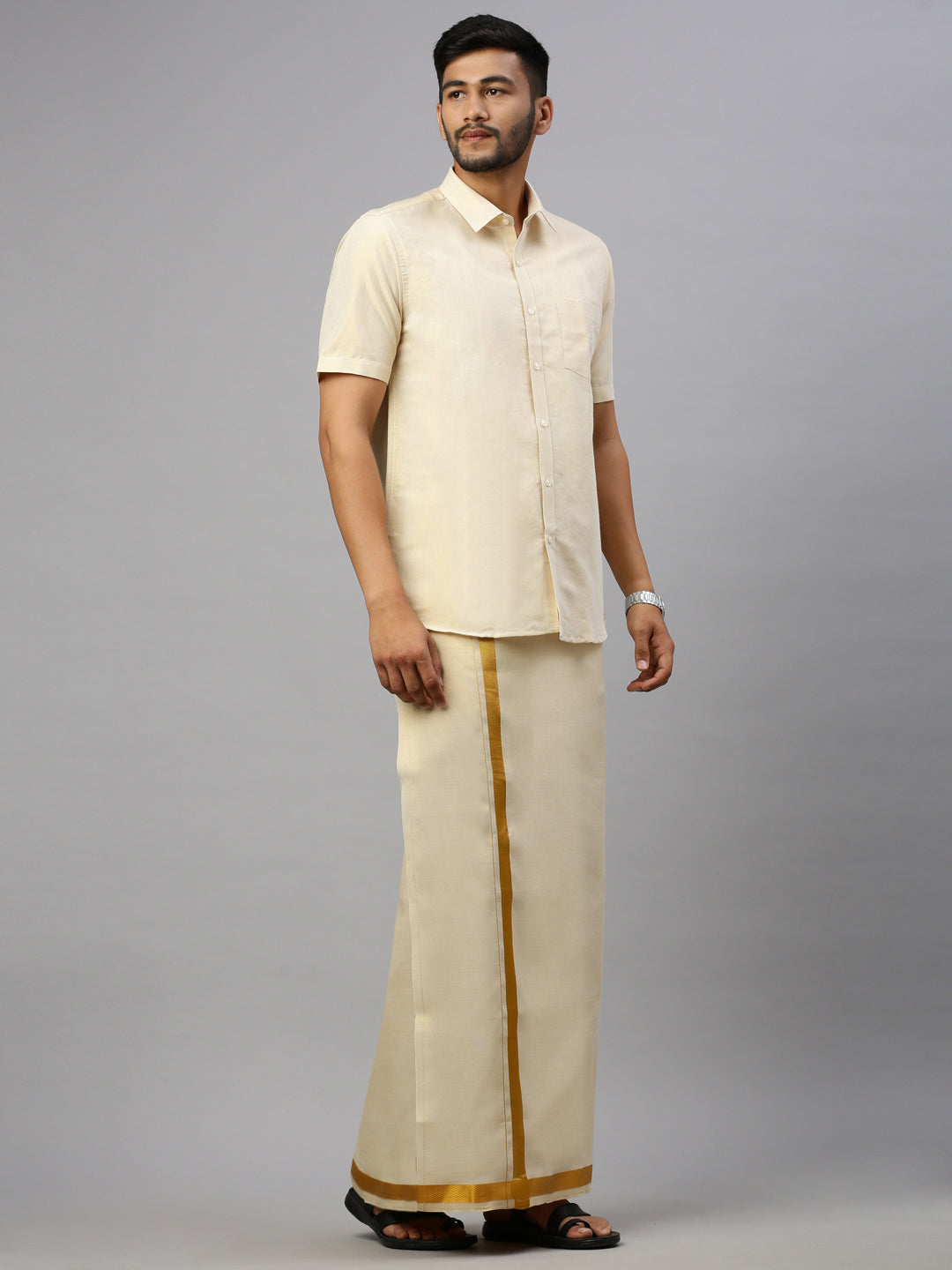 Mens Tissue Gold Dhoti & Shirt Set