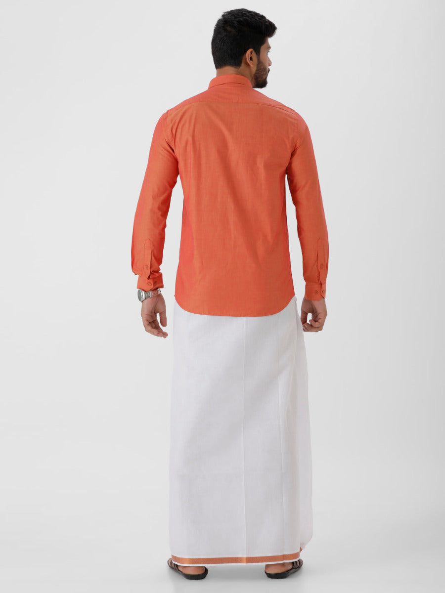 Mens Cotton Copper Colour Full Sleeves Shirt & Double Dhoti with Copper Jari Combo