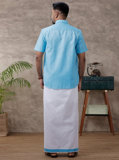 Mens Matching Border Dhoti & Half Sleeves Shirt Blue C11