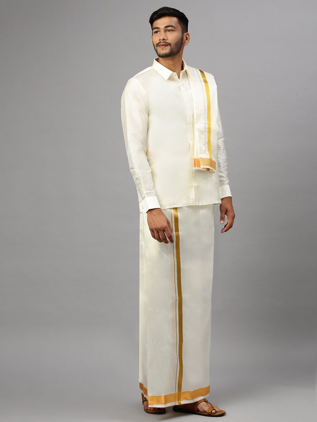 Mens Pure Silk Cream Wedding Set 3/4" Dhoti+Towel+Shirt