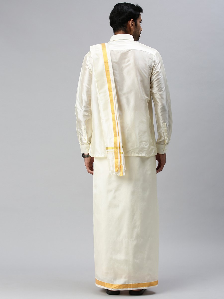 Mens Silk Cream Wedding Set 1 1/2" Dhoti+Towel+Shirt Subha Vaibhavaa