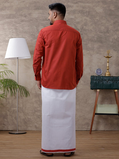 Mens Red Matching Border Dhoti & Full Sleeves Shirt Set Evolution IC5