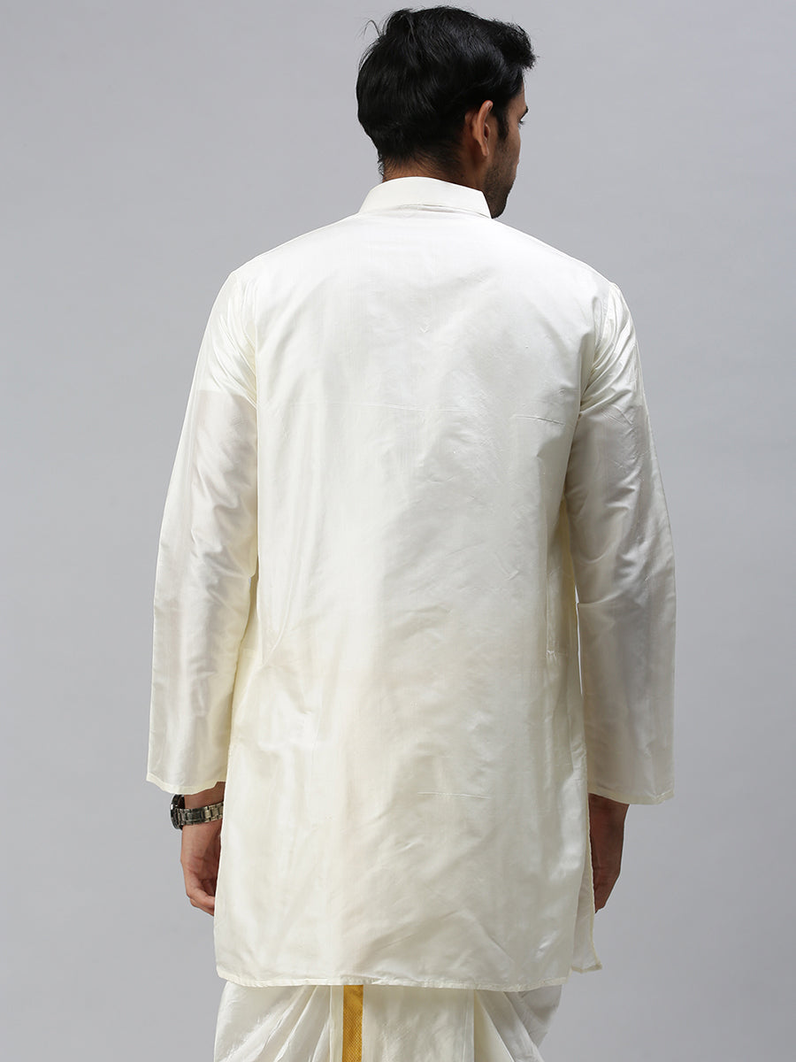 Mens Pure Silk Medium Length Cream Kurta