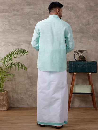 Mens Matching Border Dhoti & Shirt Set Full Light Pista Green C83