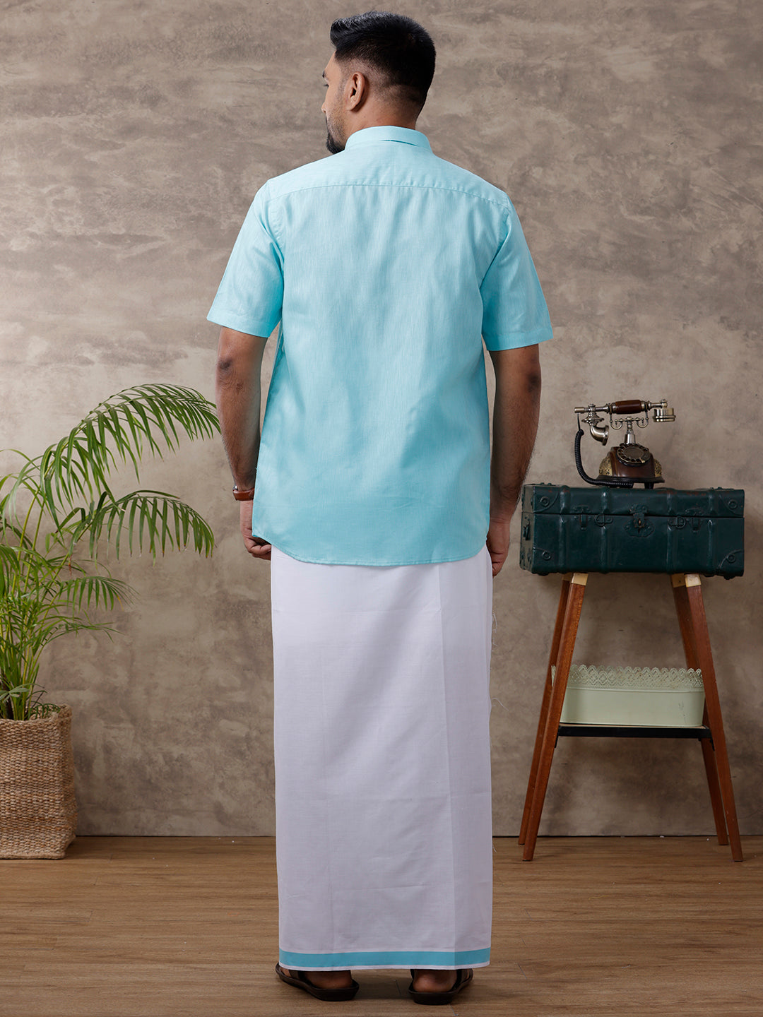 Mens Matching Border Dhoti & Shirt Set Half Blue C50