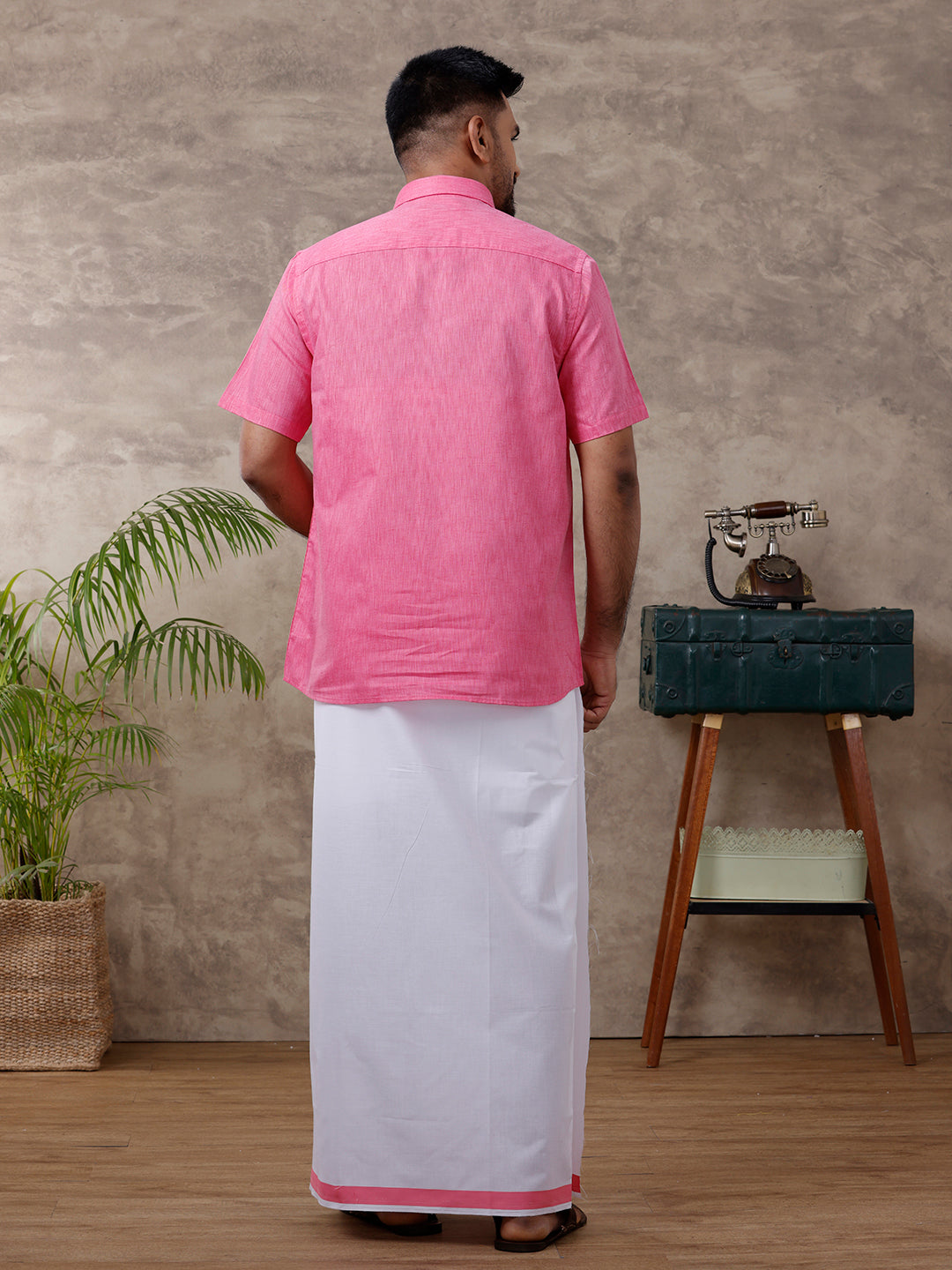 Mens Matching Border Dhoti & Shirt Set Half Pink C34