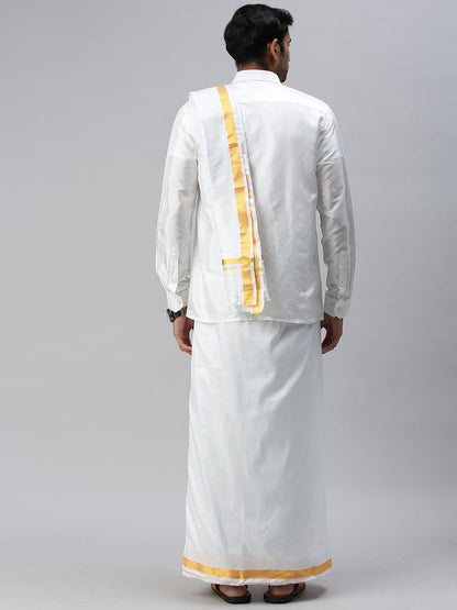 Mens Silk White Wedding Set 1" Dhoti+Towel+Shirt Subha Vaibhavaa