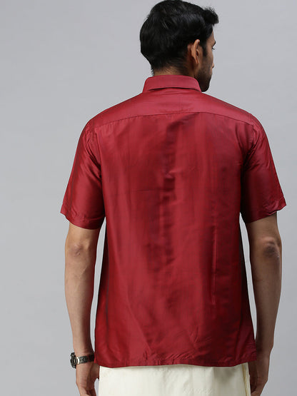 Mens Silk Maroon Colour Half Sleeves Shirt