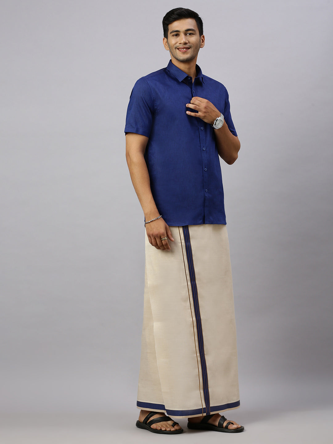 Mens Macho C.Blue Colour Shirt & Matching Border Tissue Dhoti Set CCB