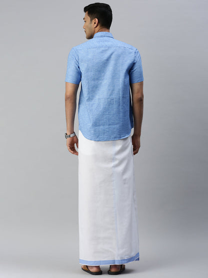 Mens Matching Border Adjustable Dhoti & Half Sleeves Shirt Set Blue CC9