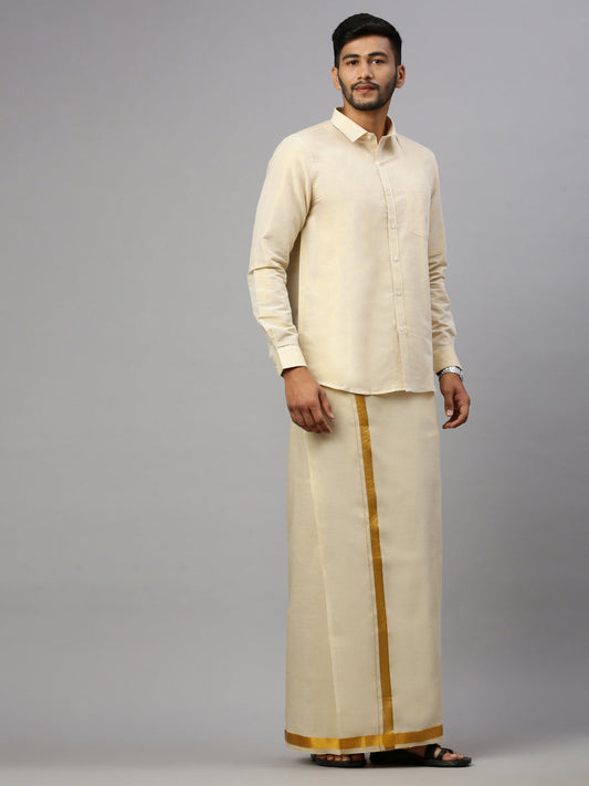 Mens Gold Tissue Full Sleeve Shirt with Matching Readymade Single Dhoti Combo