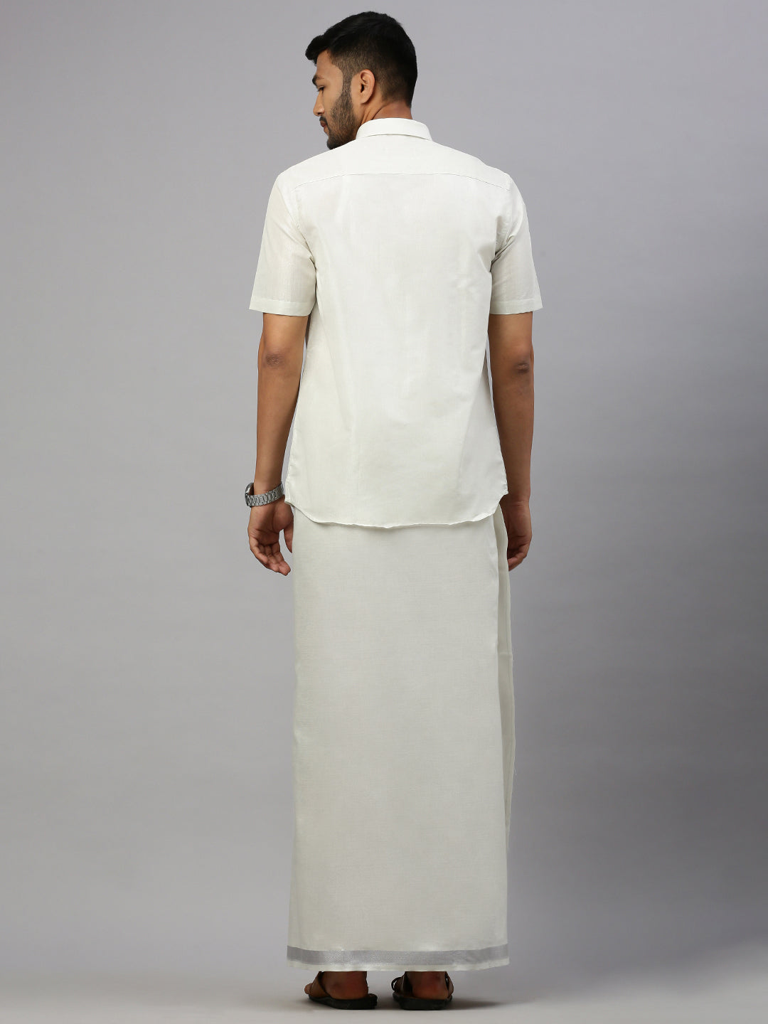 Mens Silver Tissue Half Sleeve Shirt with Matching Readymade Single Dhoti Combo