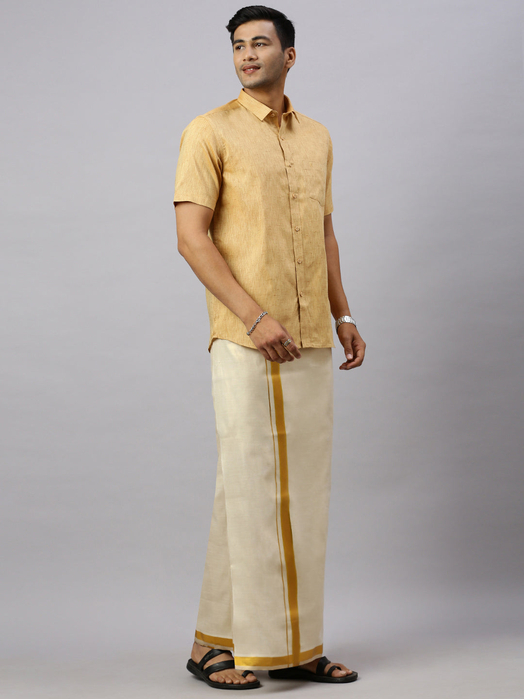 Mens Macho Mustard Colour Shirt & Matching Border Tissue Dhoti Set CCB