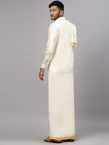 Mens Silk Cream Wedding Set 3/4" Dhoti+Towel+Shirt Subha Vaibhavaa