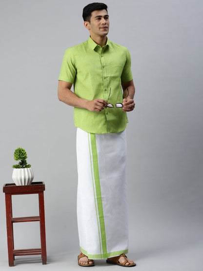 Mens Matching Border Adjustable Dhoti & Half Sleeves Shirt Set Green CC4