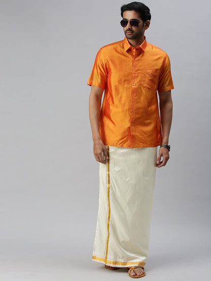 Mens Silk Golden Orange Half Sleeves Shirt