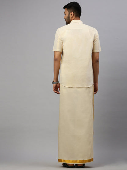 Mens Gold Tissue Half Sleeve Shirt with Matching Readymade Single Dhoti Combo