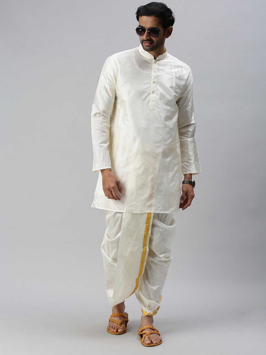 Mens Pure Silk Medium Length Cream Kurta