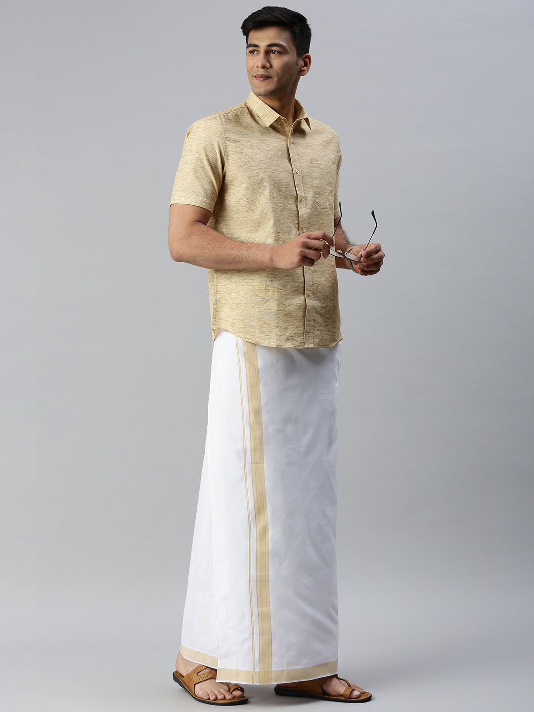 Mens Matching Border Adjustable Dhoti & Half Sleeves Shirt Set CC1