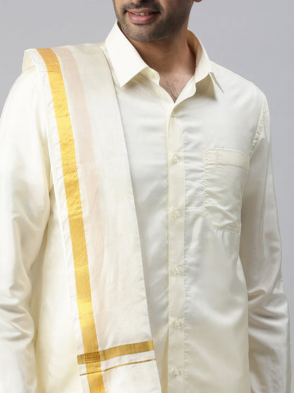 Mens Pure Silk Cream Wedding Set 3/4" Dhoti+Towel+Shirt Thirukalyan