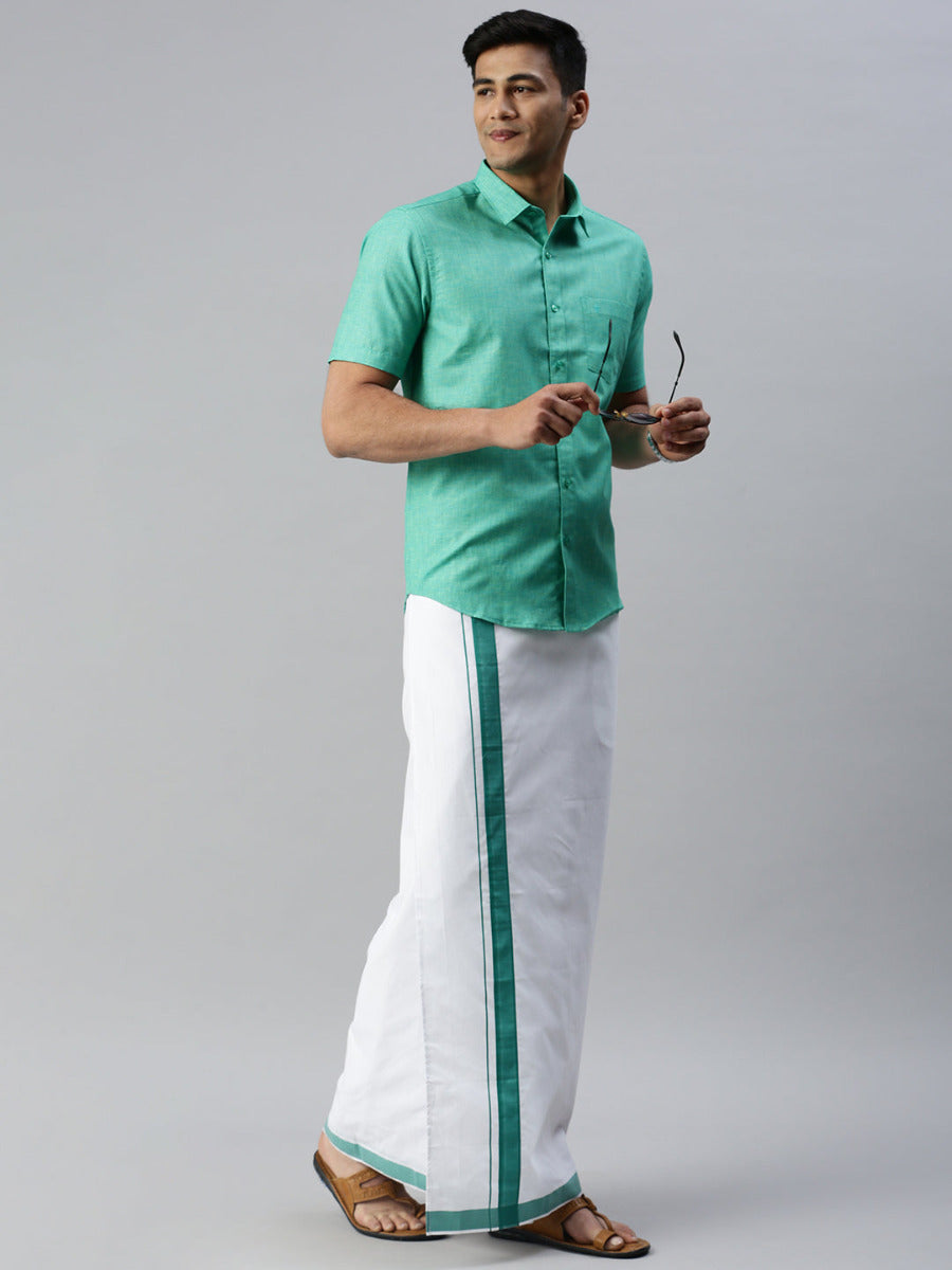 Mens Matching Border Adjustable Dhoti & Half Sleeves Shirt Set Green CC7