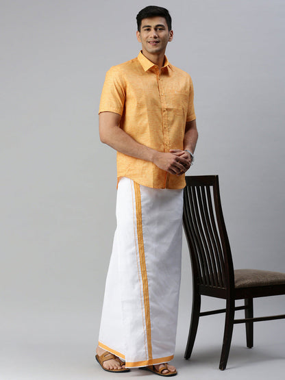 Mens Matching Border Adjustable Dhoti & Half Sleeves Shirt Set Orange CC2