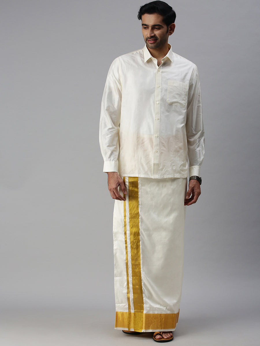 Mens Pure Silk Cream Shirt Full Sleeves Silk Mark