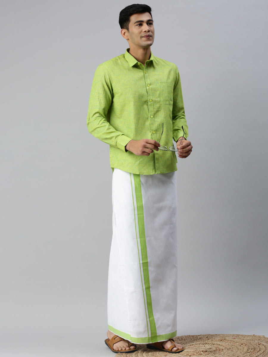 Mens Matching Border Adjustable Dhoti & Full Sleeves Shirt Set Green CC4