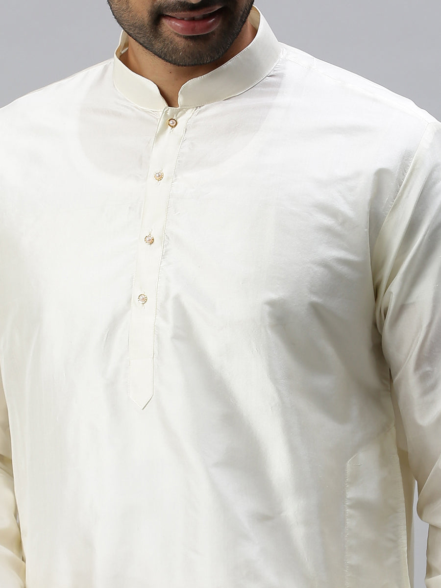 Mens Pure Silk Medium Length Cream Kurta