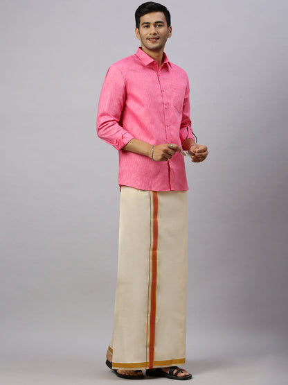 Mens Macho Pink Colour Shirt & Matching Border Tissue Dhoti Set CCB