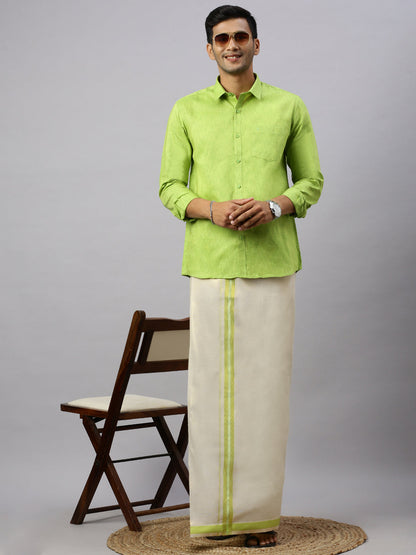 Mens Macho Lite Green  Colour Shirt & Matching Border Tissue Dhoti Set CCB