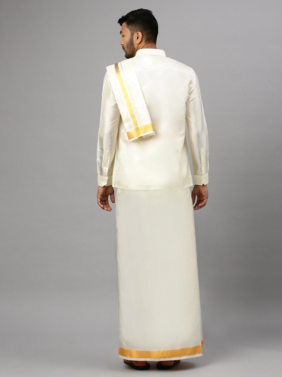 Mens Pure Silk Cream Wedding Set 3/4" Dhoti+Towel+Shirt