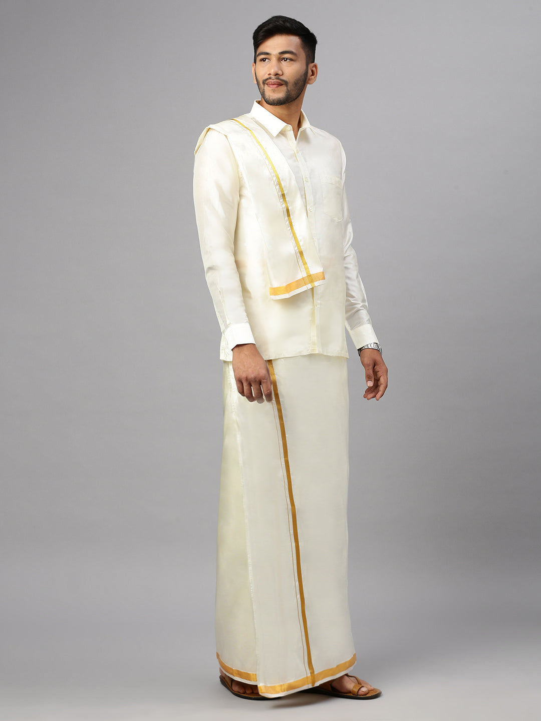 Mens Silk Cream Wedding Set 3/4" Dhoti+Towel+Shirt Subha Vaibhavaa