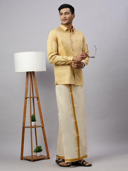 Mens Macho Mustard Colour Shirt & Matching Border Tissue Dhoti Set CCB