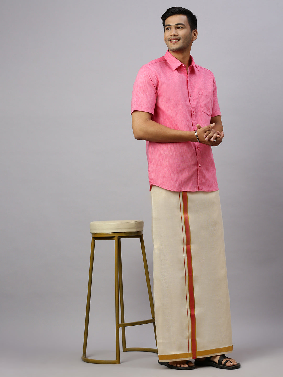 Mens Macho Pink Colour Shirt & Matching Border Tissue Dhoti Set CCB