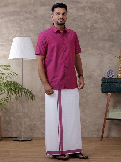 Mens Magenta Matching Border Dhoti & Half Sleeves Shirt Set Evolution IC3