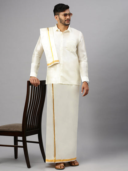 Mens Silk Cream Wedding Set 3/4" Dhoti+Towel+Shirt Subha Vaibhavaa