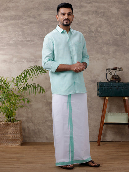 Mens Matching Border Dhoti & Shirt Set Full Light Pista Green C83