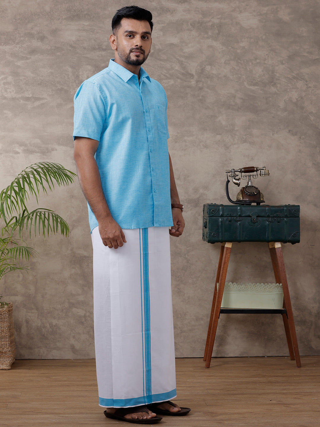 Mens Matching Border Dhoti & Half Sleeves Shirt Blue C11