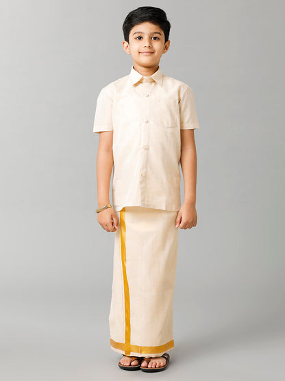 Like Father Like Son Full Sleeves Tissue Jari Shirt Dhoti Combo Sankalpam Gold