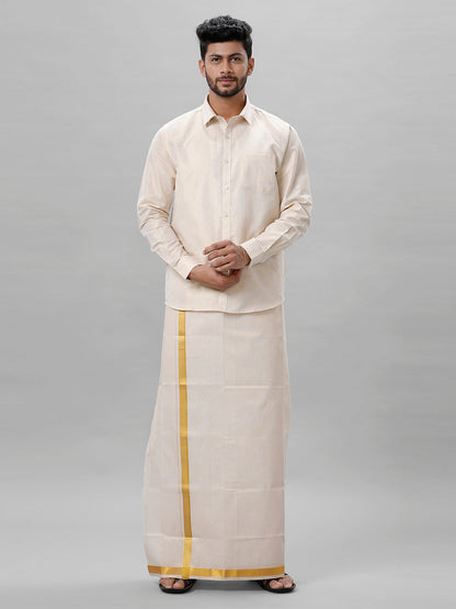 Like Father Like Son Full Sleeves Tissue Jari Shirt Dhoti Combo Sankalpam Gold