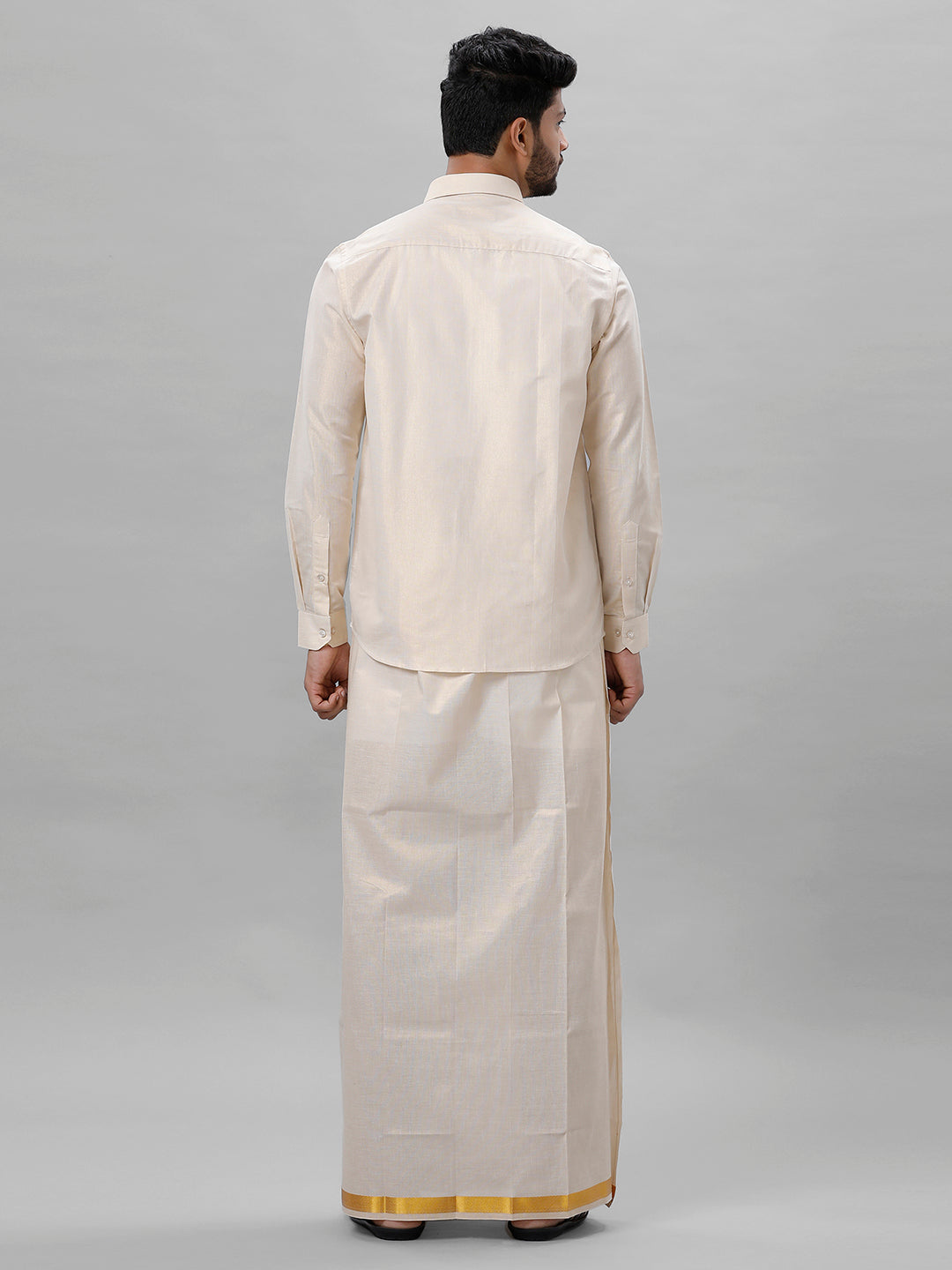 Like Father Like Son Full Sleeves Tissue Jari Shirt Dhoti Combo Sankalpam Gold