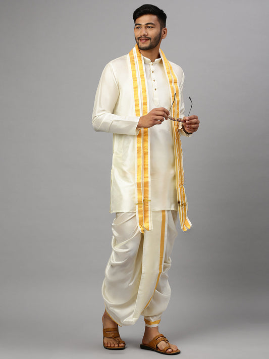 Mens Silk Feel ReadyMade Panchakacham+Kurta And Towel Set 3/4" RP Silk