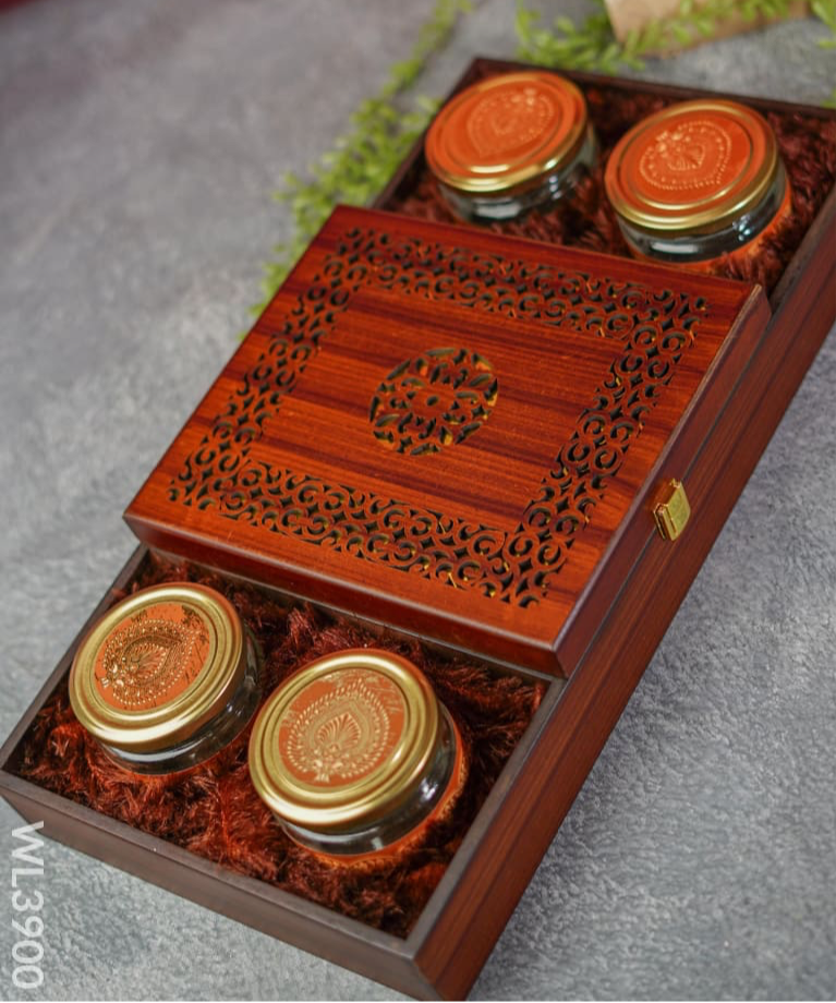 Wooden Dry Fruit Box with 4 Jars