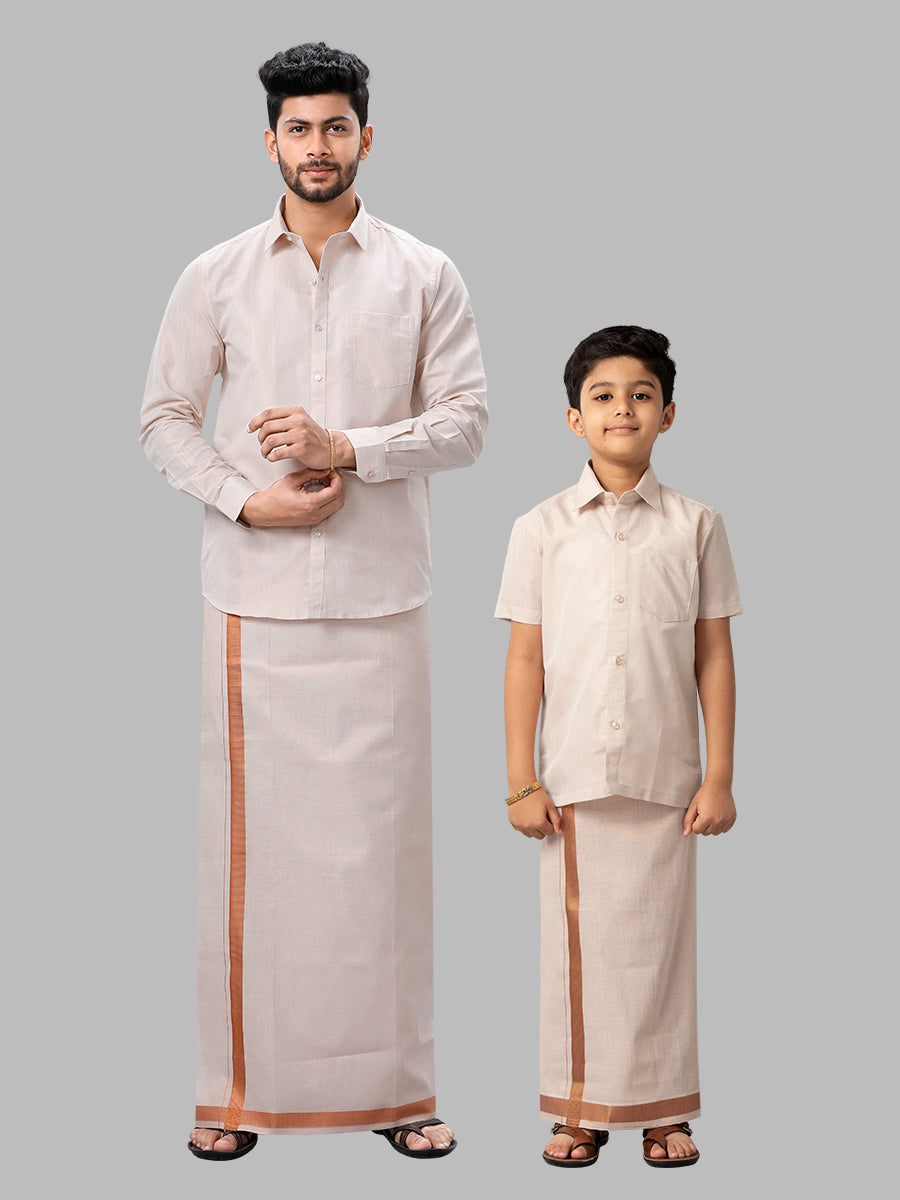 Like Father Like Son Tissue Jari Shirt Dhoti Combo Sankalpam Copper