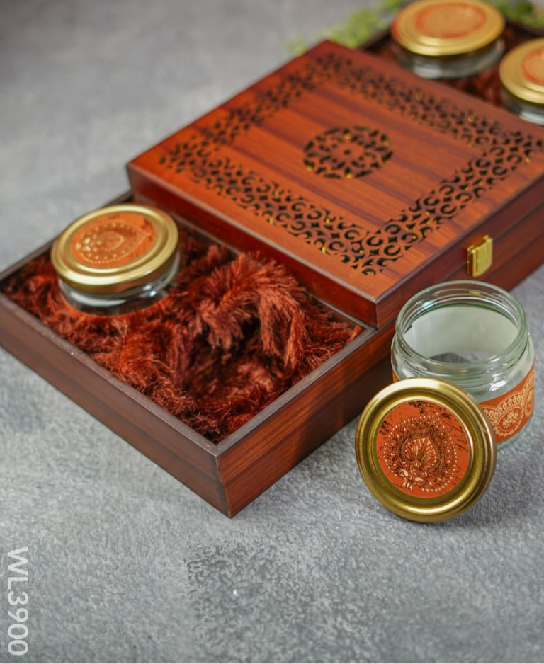 Wooden Dry Fruit Box with 4 Jars