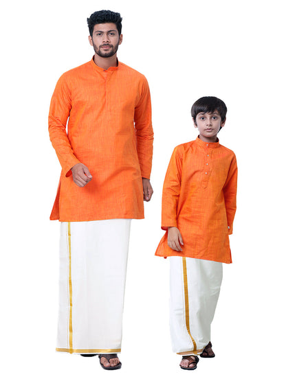 Like Father Like Son Orange Kurta and Gold Jari White Dhoti Combo FS3